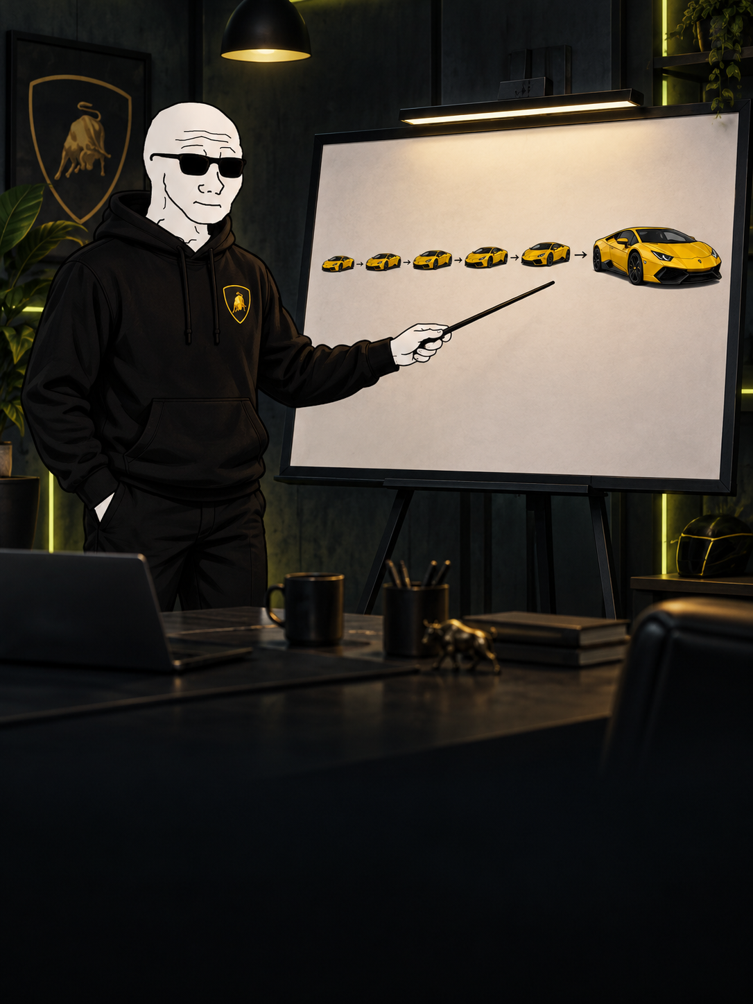 Wojak presenting his five-year plan: a row of yellow Lamborghinis
