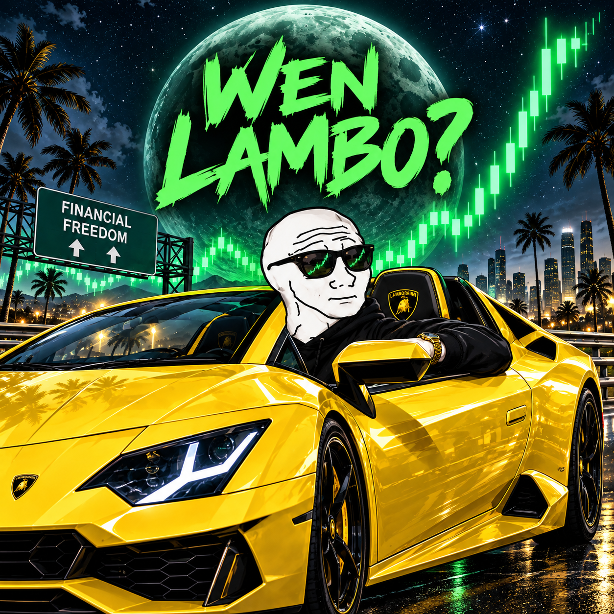 Sunglasses-wearing Wojak driving a yellow Lamborghini under a green moon